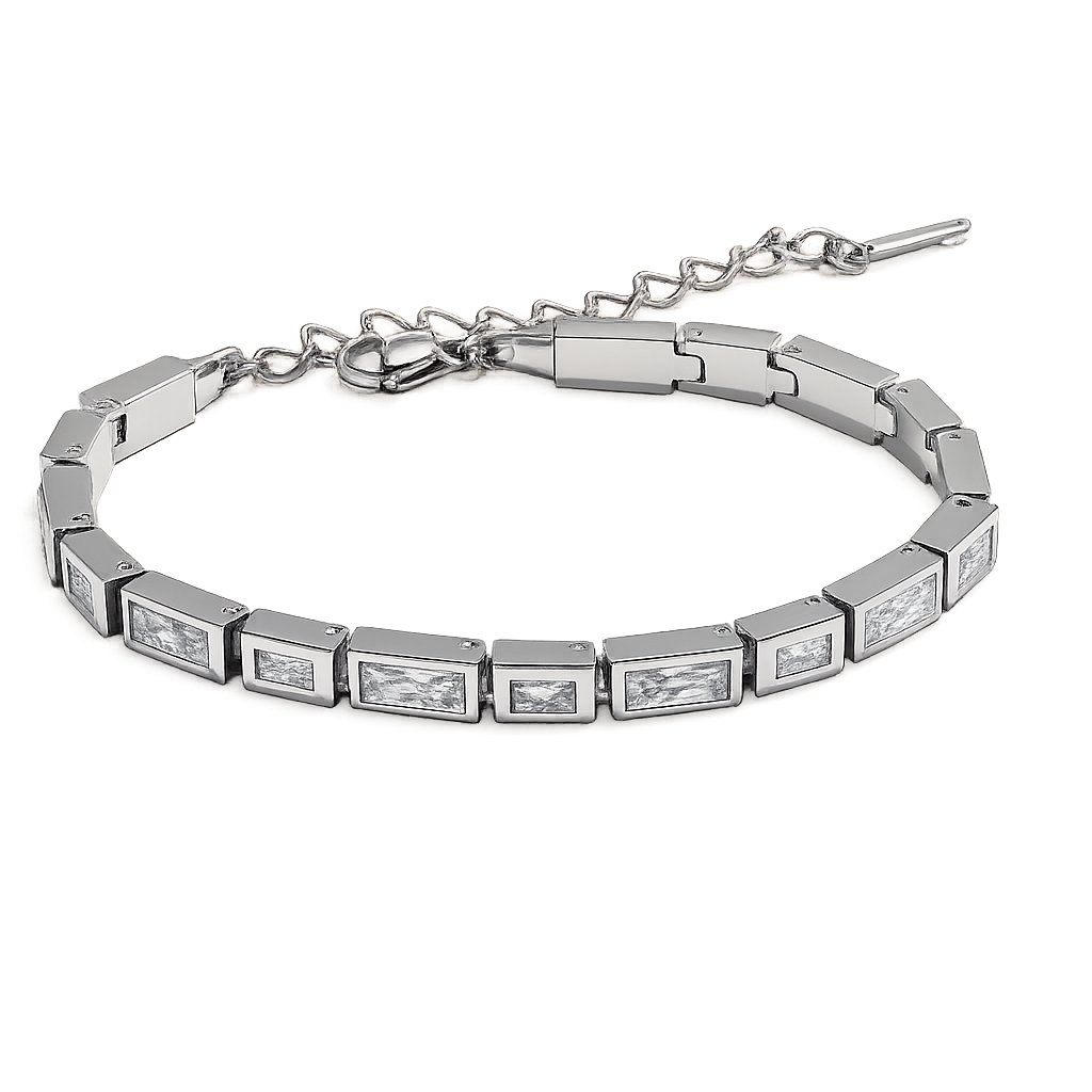 Silver bracelet with square gemstones on a white background