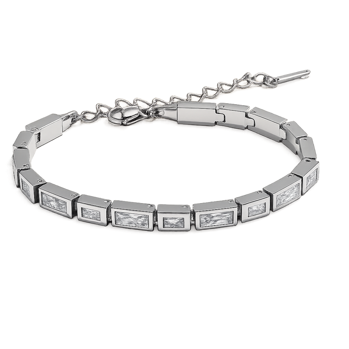 Silver bracelet with square gemstones on a white background