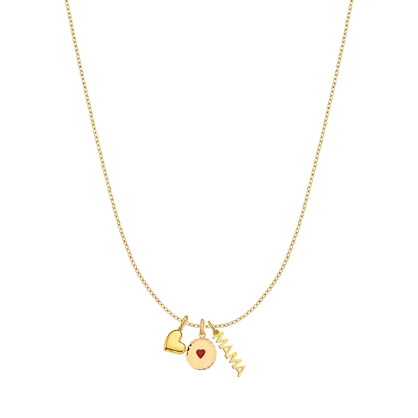 Gold necklace with heart, round, and 'MAMA' charm on a white background