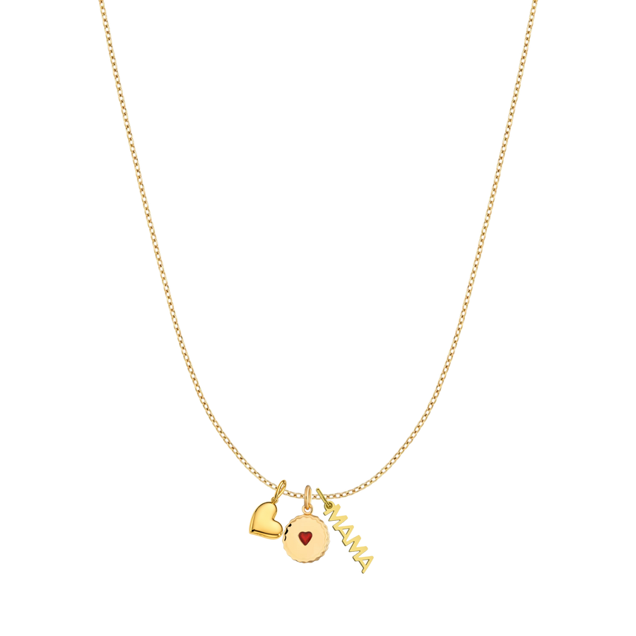 Gold necklace with heart, round, and 'MAMA' charm on a white background