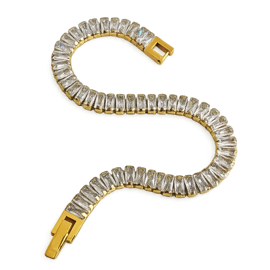 Gold bracelet with clear gemstones on a white background