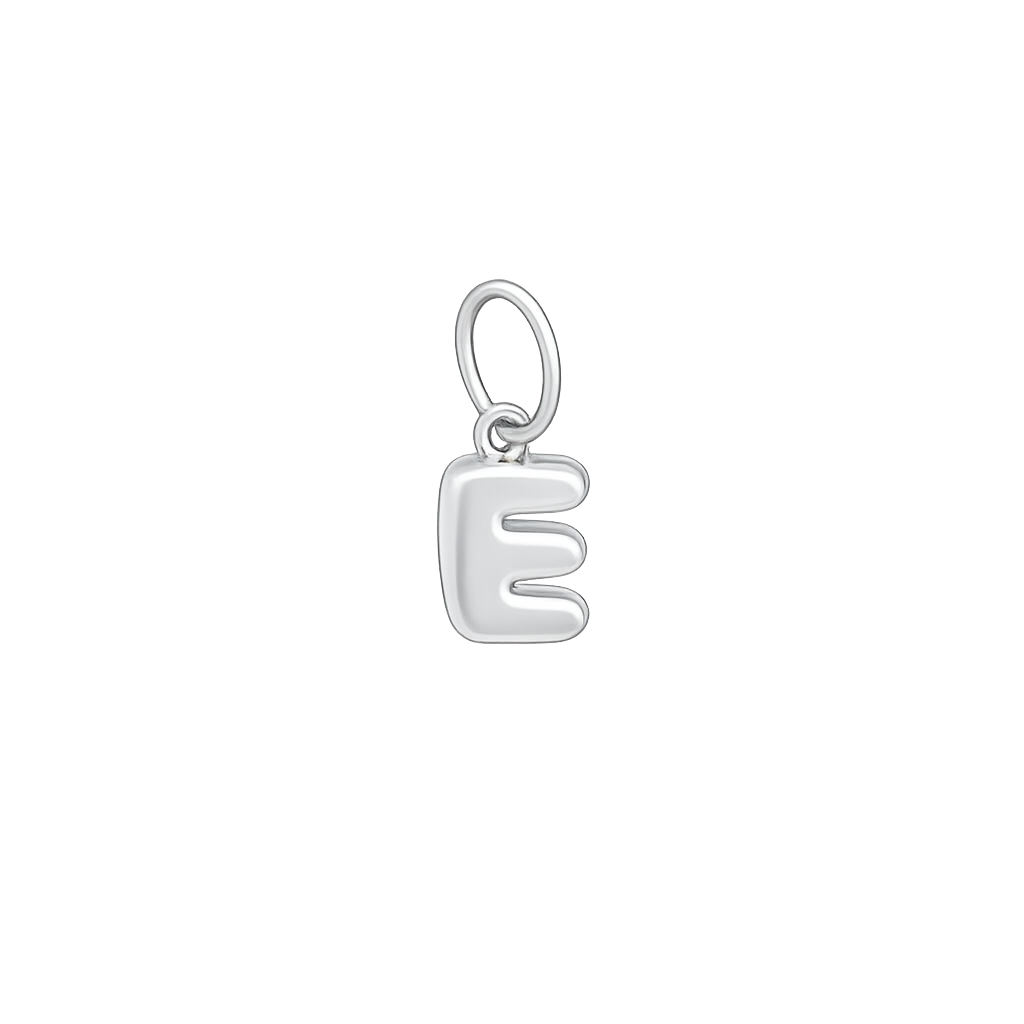 Silver letter 'E' pendant on a white background