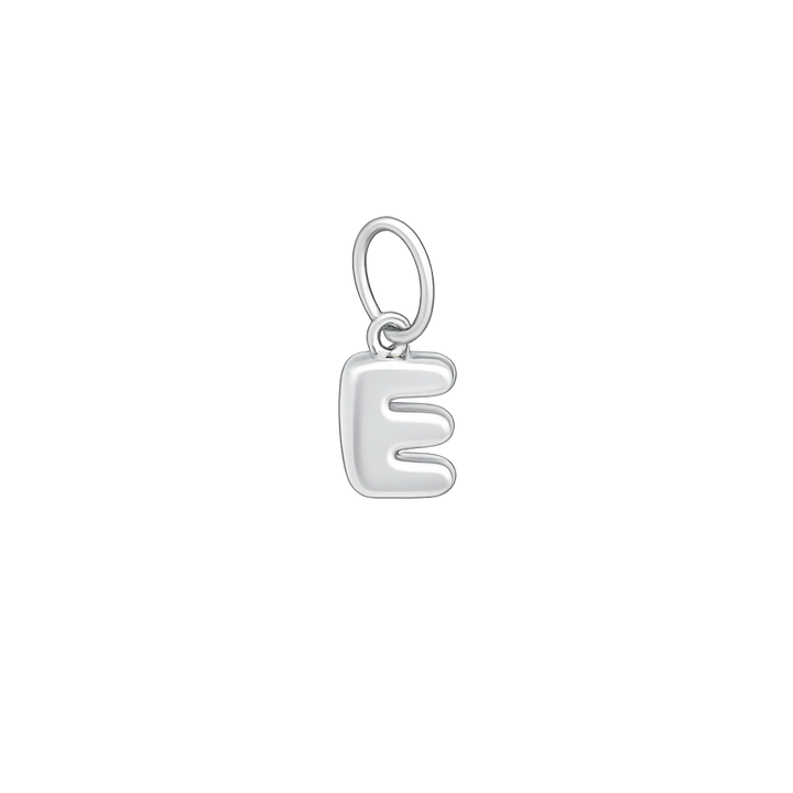 Silver letter 'E' pendant on a white background