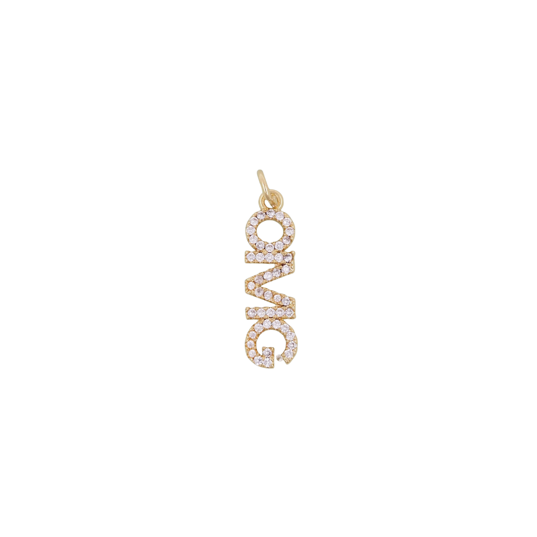 Gold pendant with 'OMG' letters on a white background