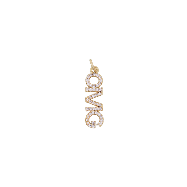 Gold pendant with 'OMG' letters on a white background