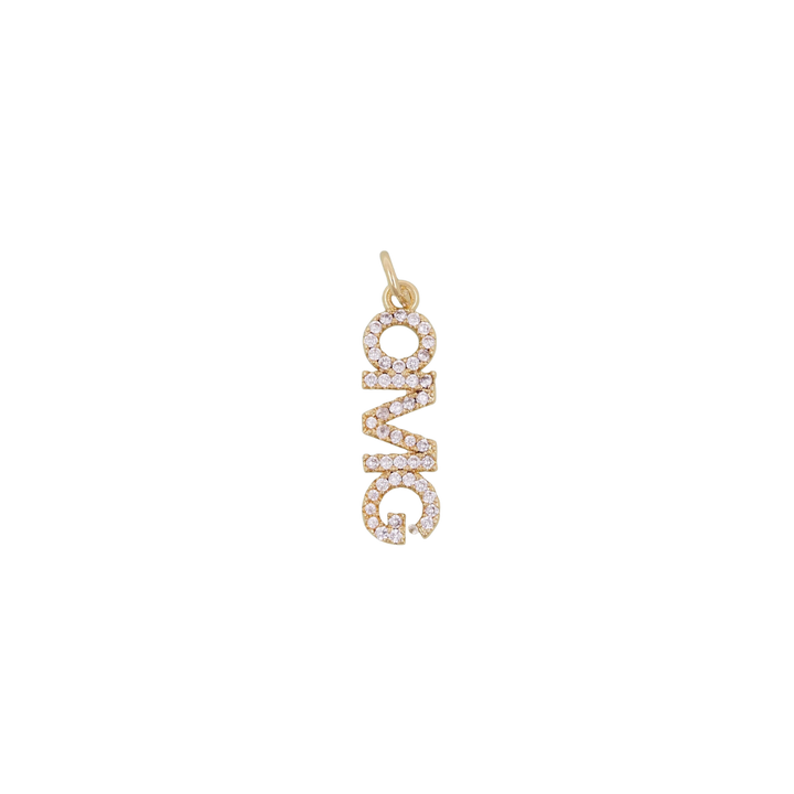 Gold pendant with 'OMG' letters on a white background