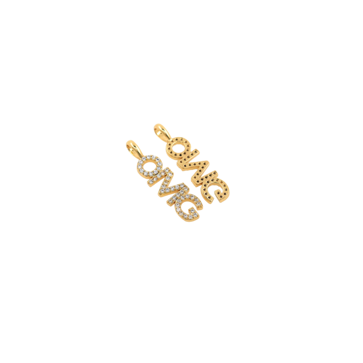 Gold pendant with 'OMG' letters on a white background