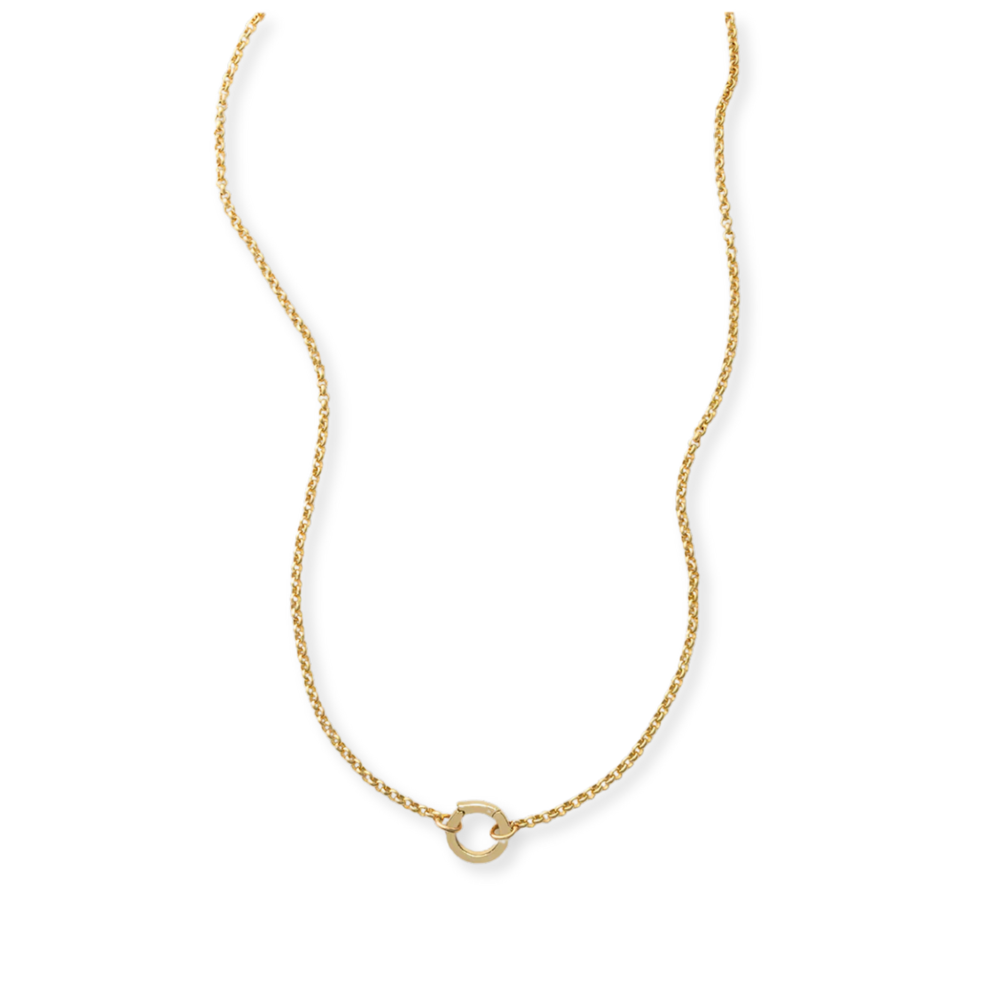 Gold necklace with a small round pendant on a white background