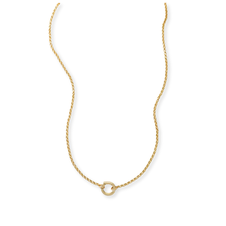 Gold necklace with a small round pendant on a white background