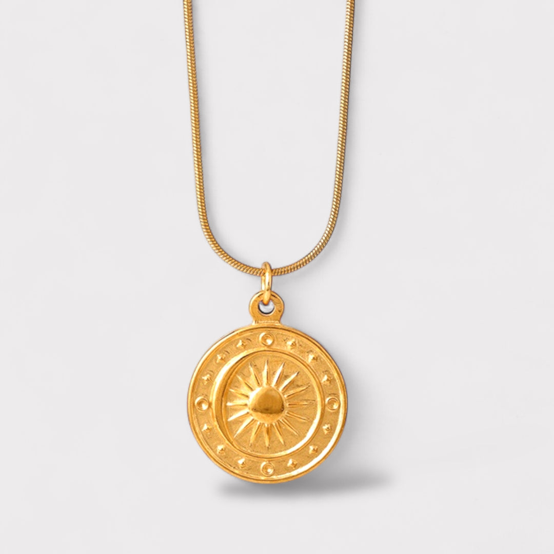 Talisman Necklace – Sunburst Pendant on Recycled Gold Box Chain | LUCID