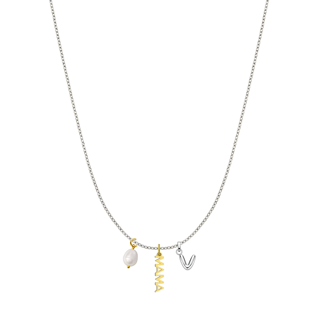 Necklace with 'MAMA' and 'V' charms on a white background
