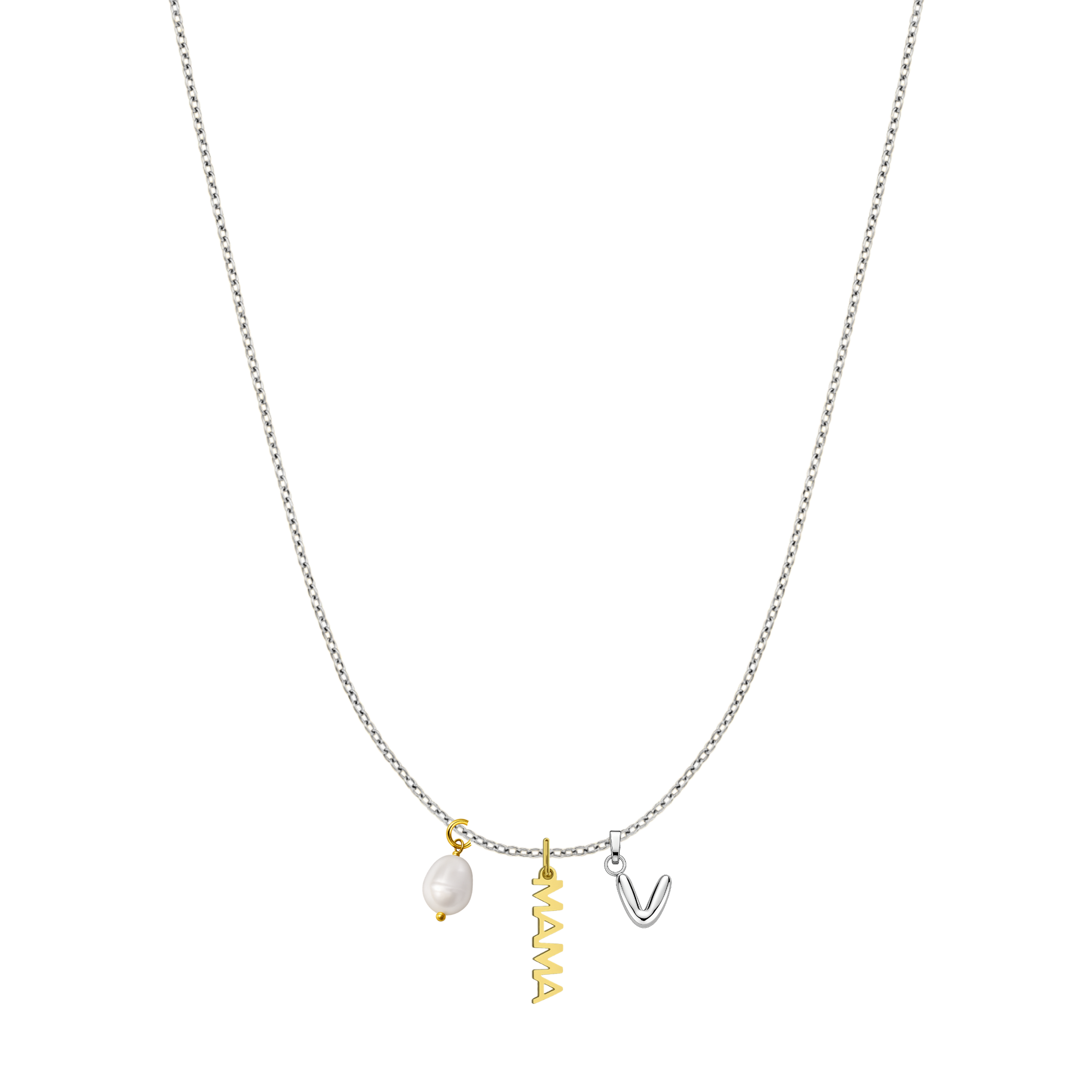 Necklace with 'MAMA' and 'V' charms on a white background