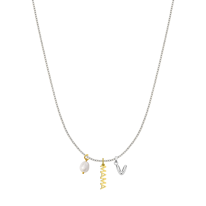 Necklace with 'MAMA' and 'V' charms on a white background