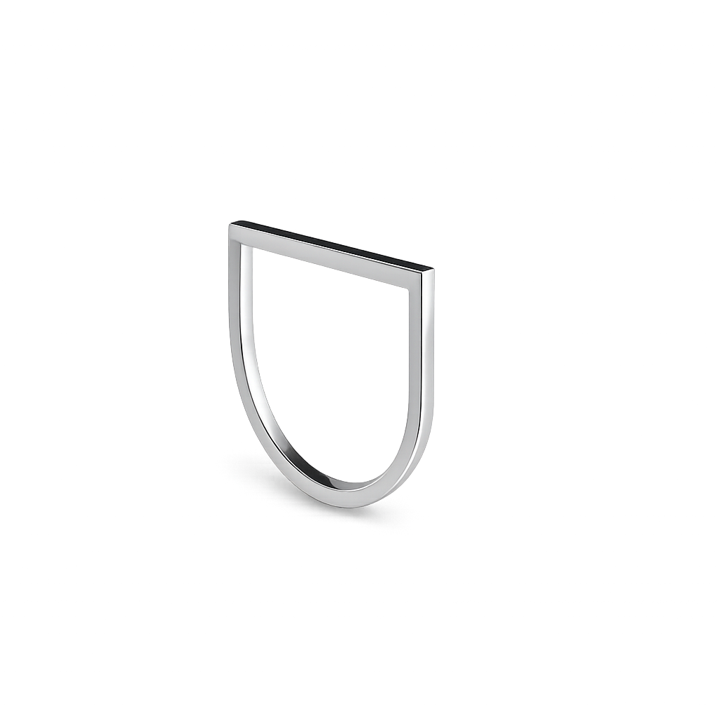 Silver ring with a D-shaped design on a white background