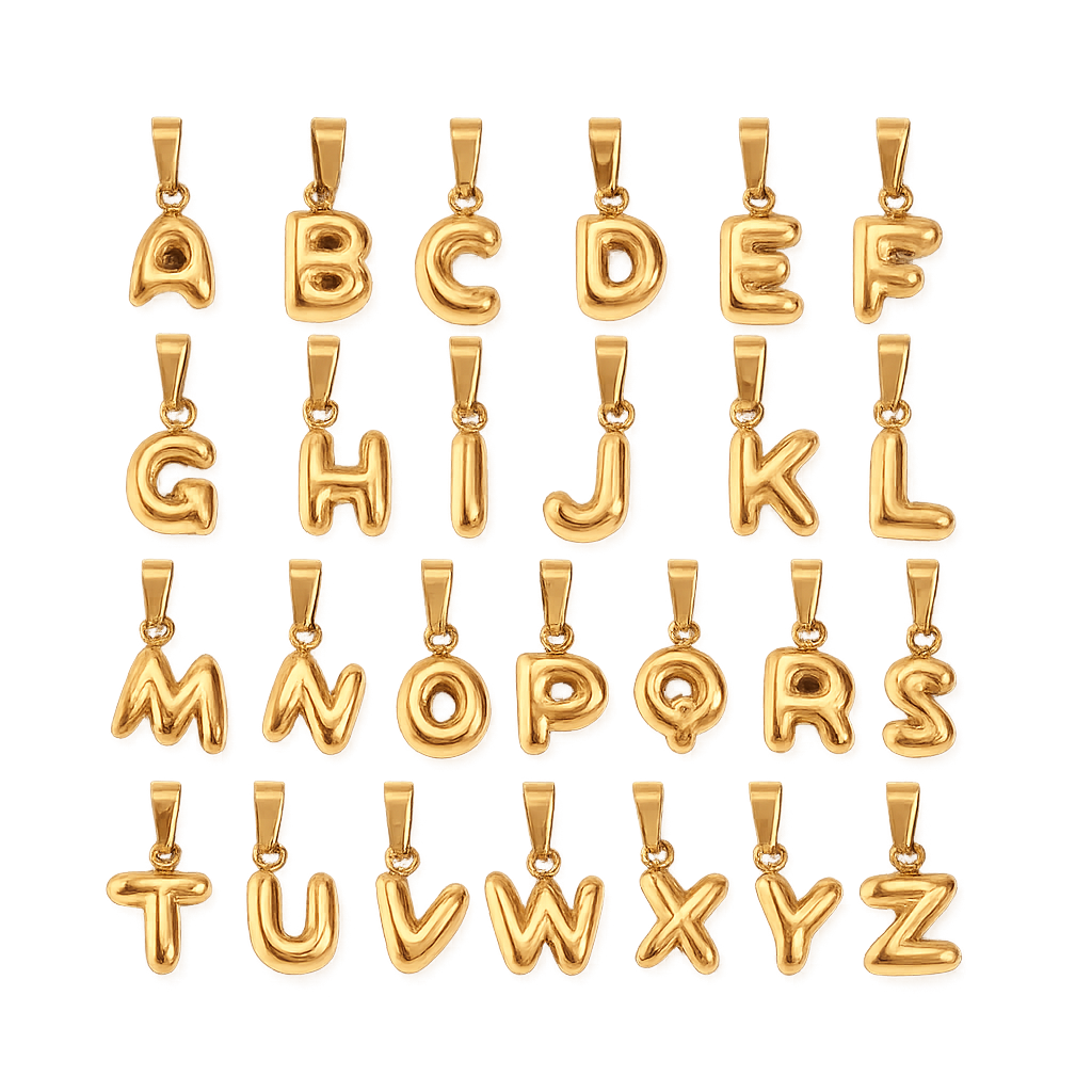 Gold letter pendants from A to Z on a white background