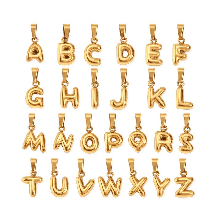 Gold letter pendants from A to Z on a white background