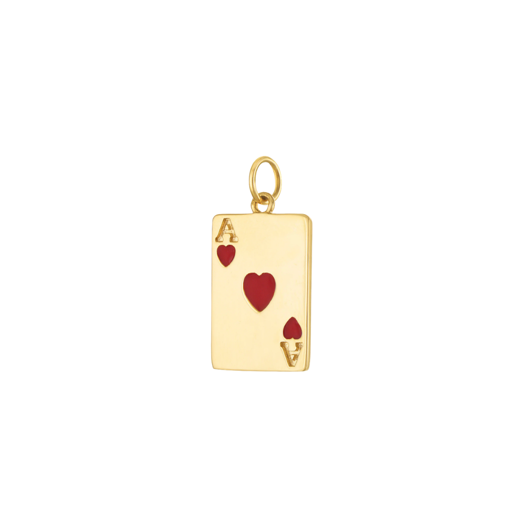 Gold pendant with a red heart design on a white background