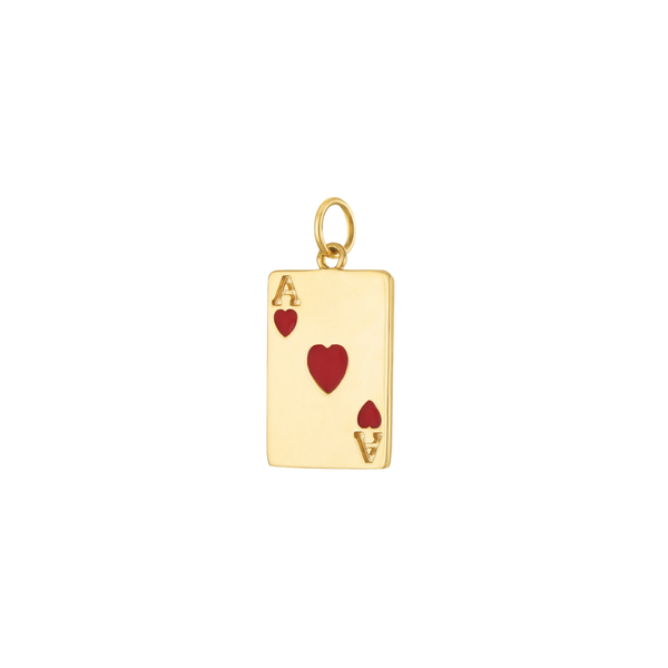 Gold pendant with a red heart design on a white background
