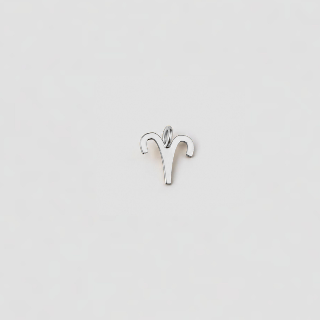 Silver Aries zodiac sign pendant on a light gray background