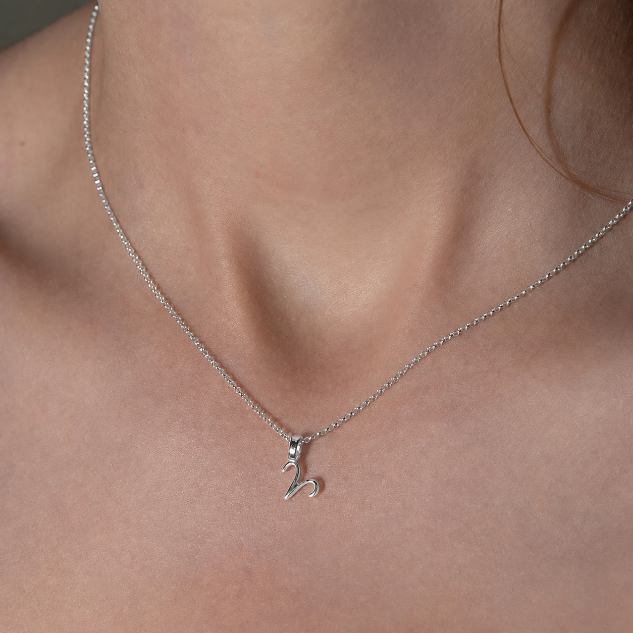 Silver necklace with a pendant on a person's neck against a neutral background