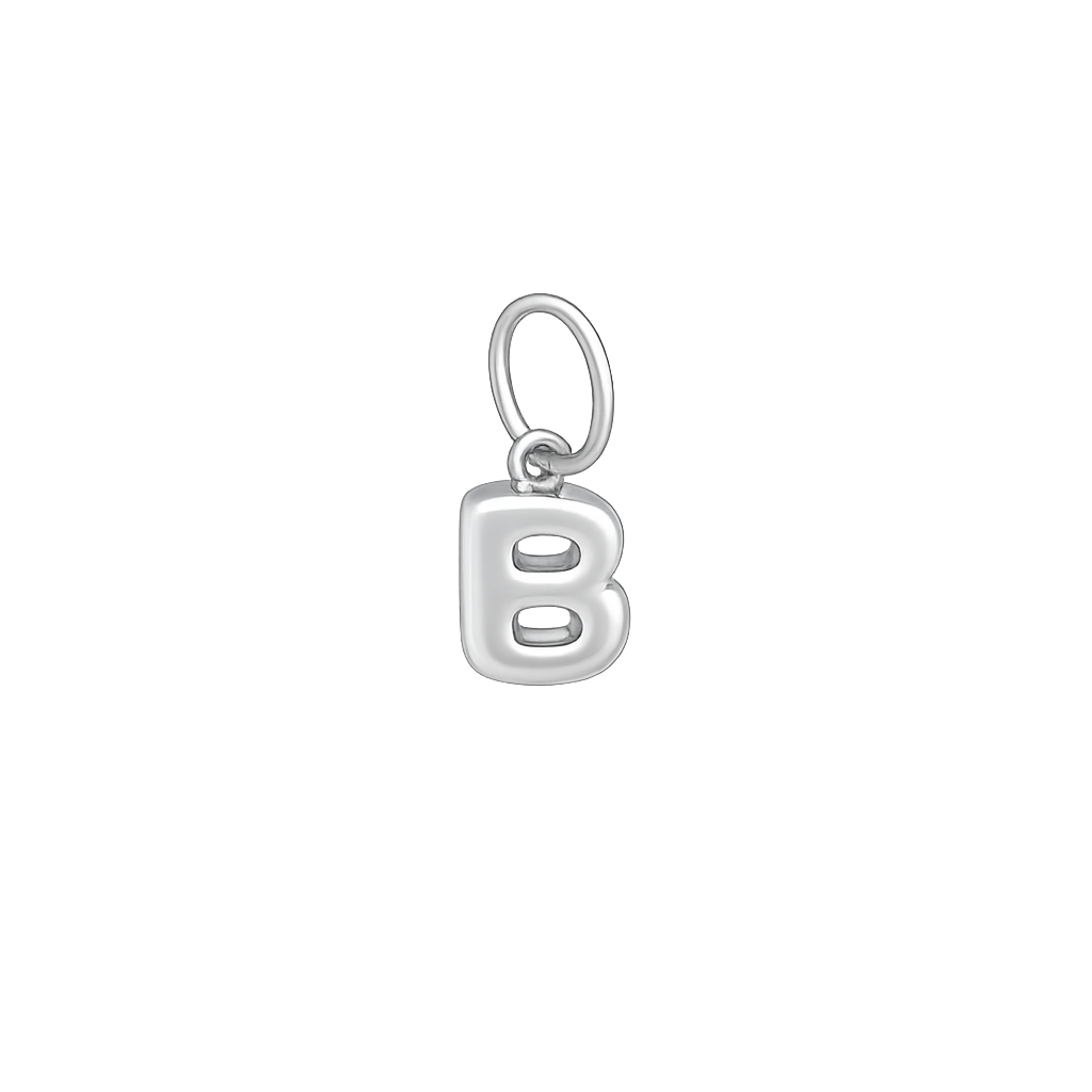 Silver letter 'B' charm on a white background