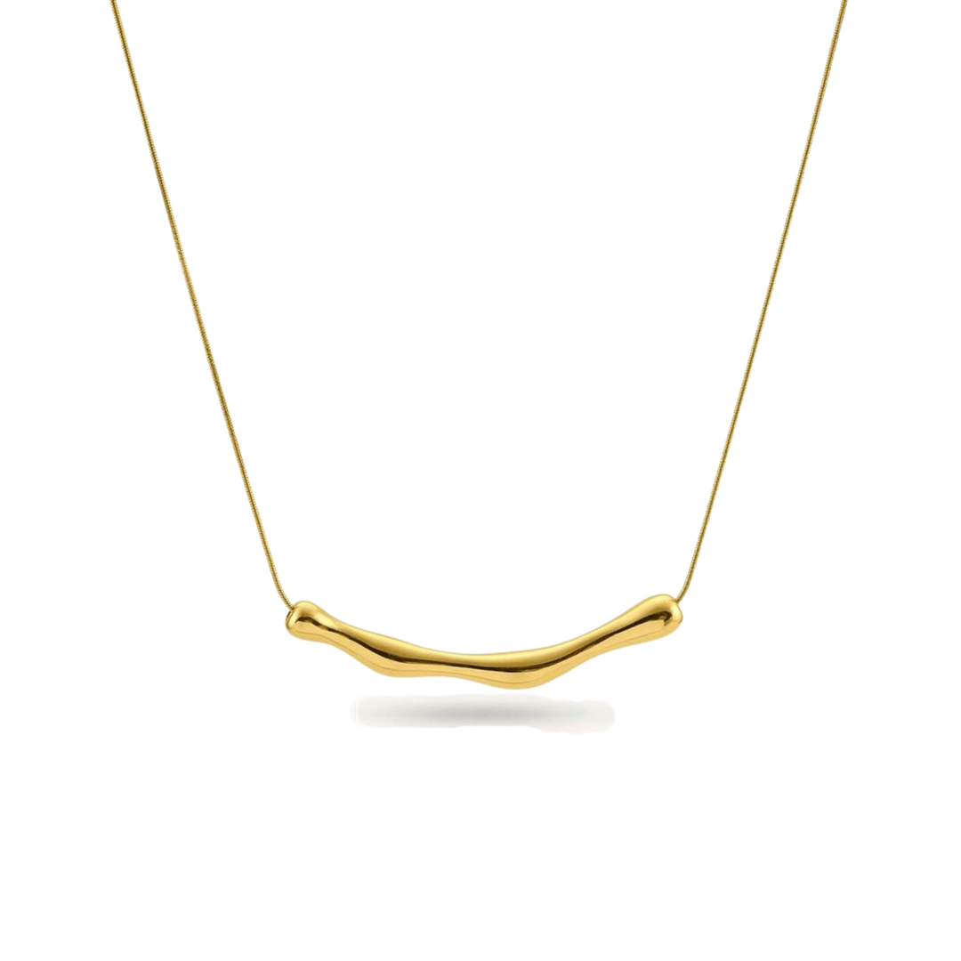 Gold necklace with a simple, curved pendant on a white background