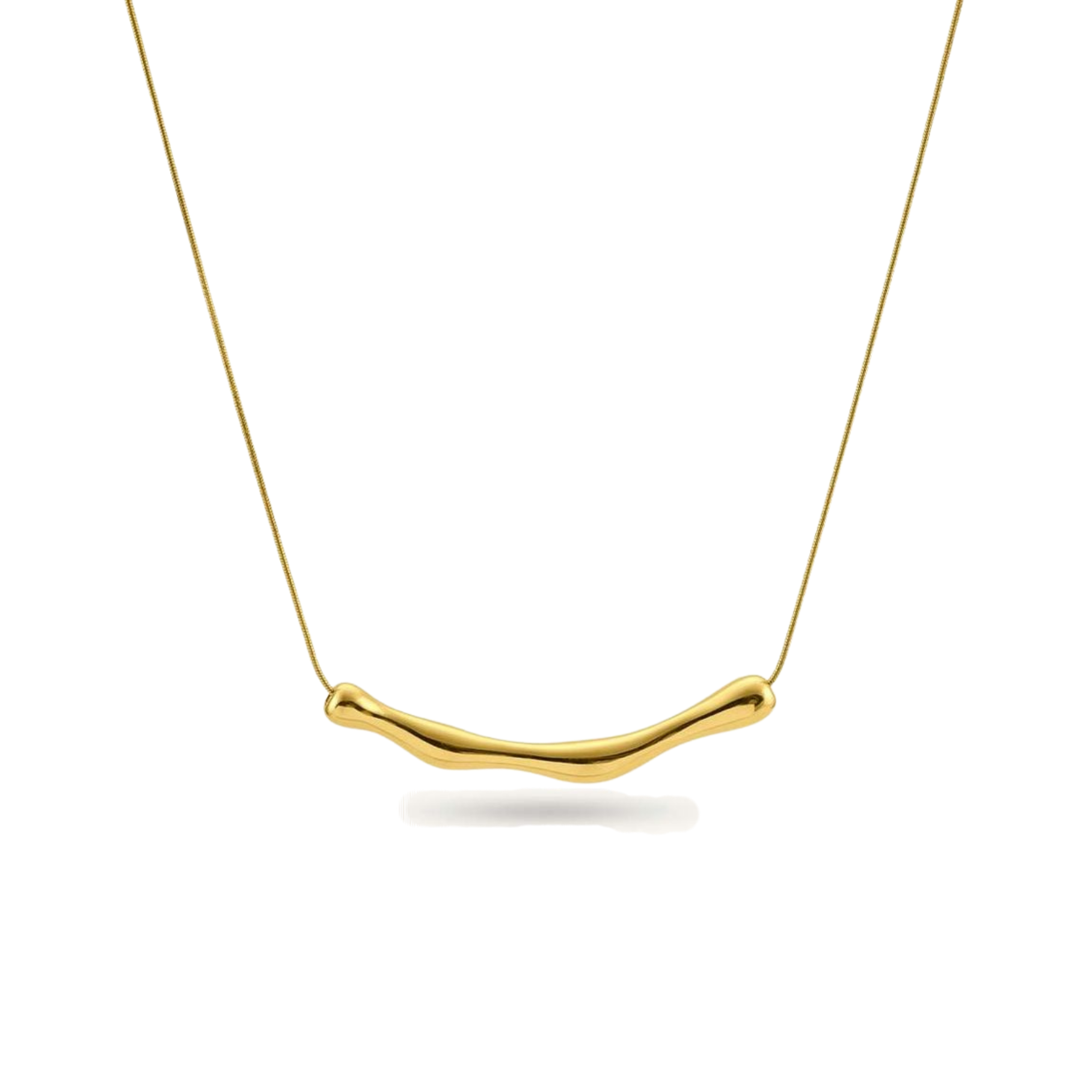 Gold necklace with a simple, curved pendant on a white background