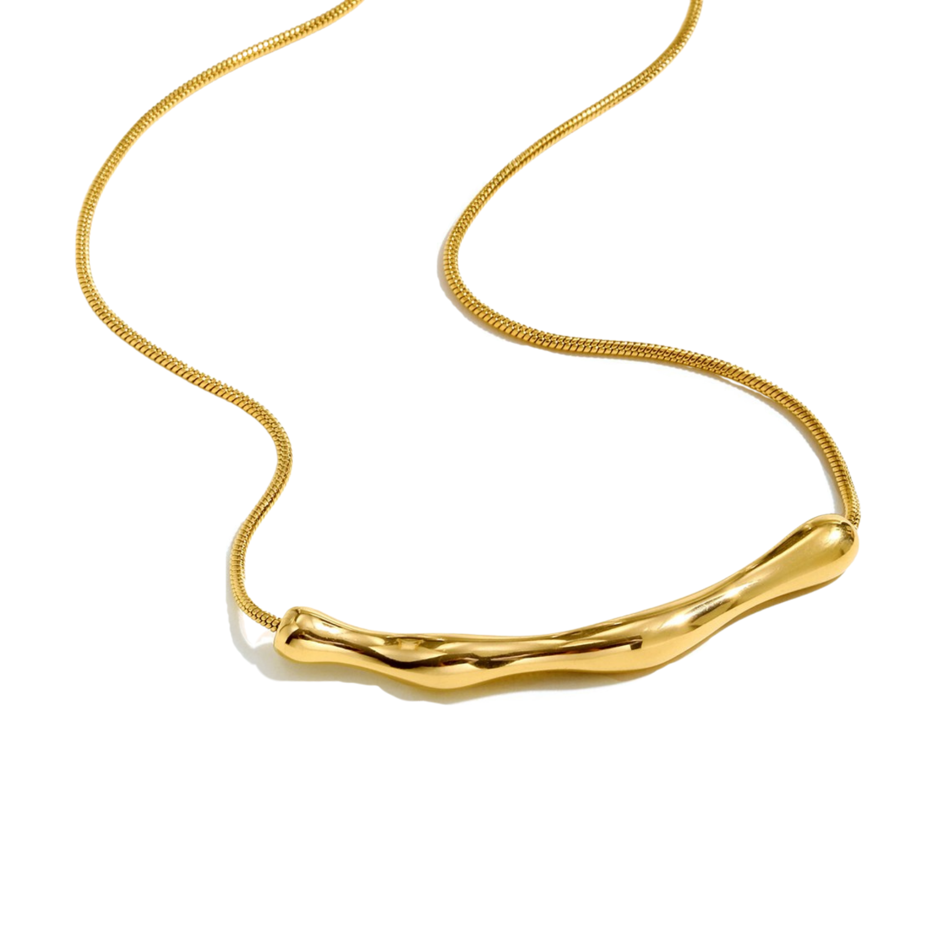 Gold necklace with a unique design on a white background