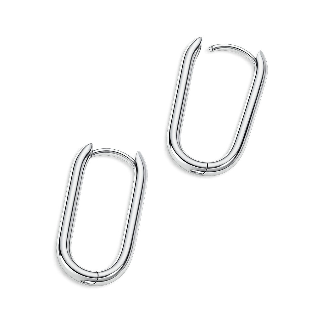 Pair of silver hoop earrings on a white background
