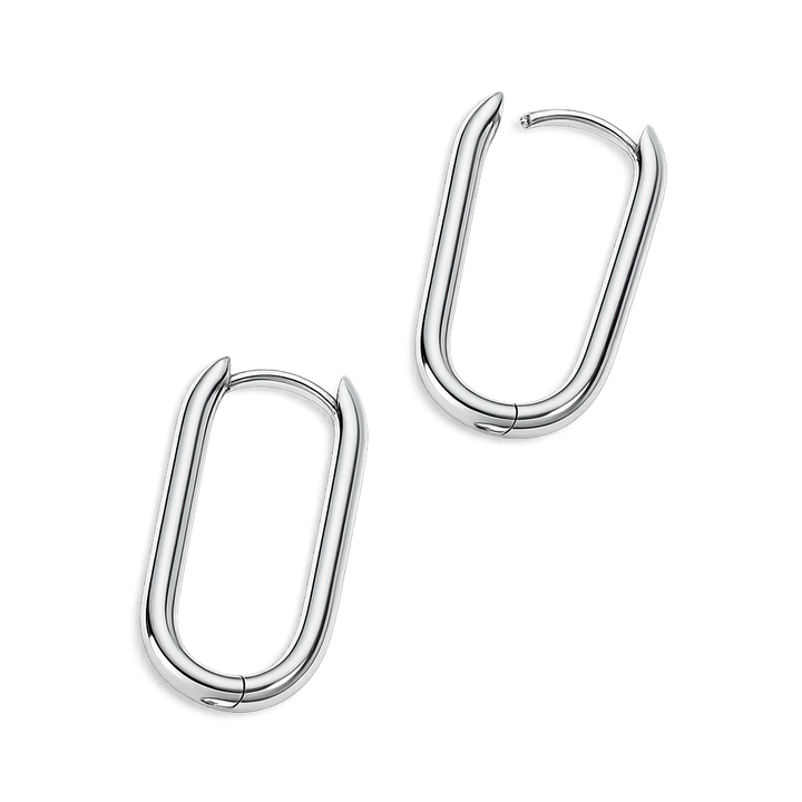Pair of silver hoop earrings on a white background
