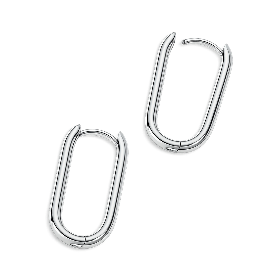 Pair of silver hoop earrings on a white background