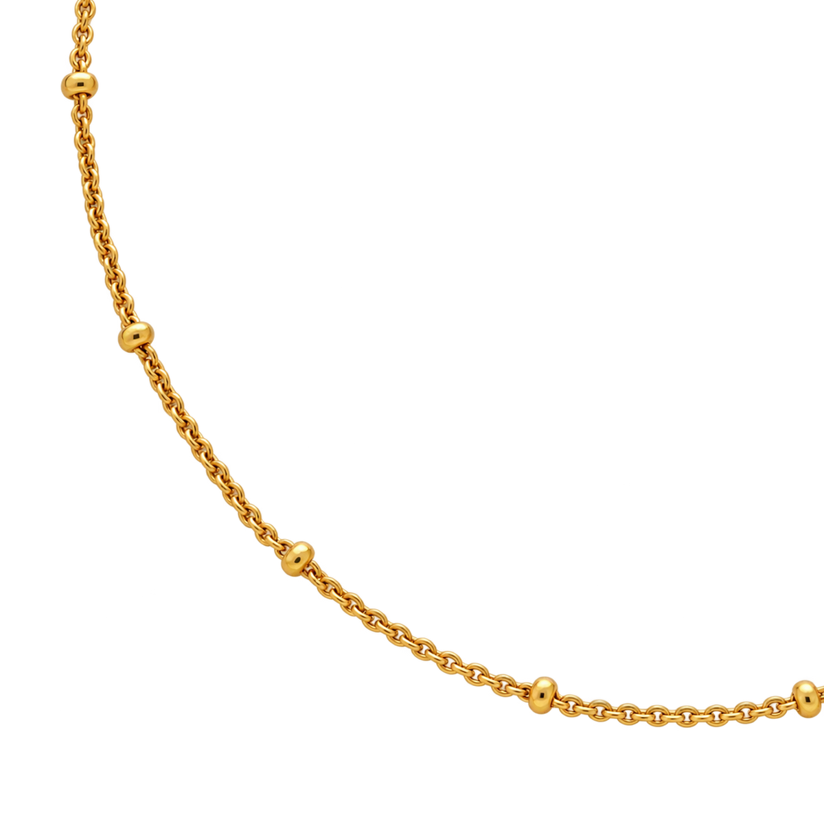 A gold chain necklace featuring evenly spaced, polished round bead links, shown against a solid white background.