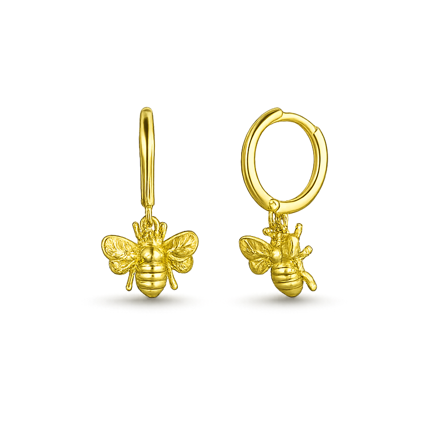 Gold bee-shaped earrings on a white background
