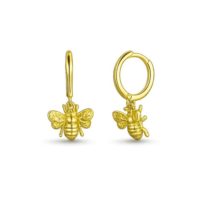Gold bee-shaped earrings on a white background