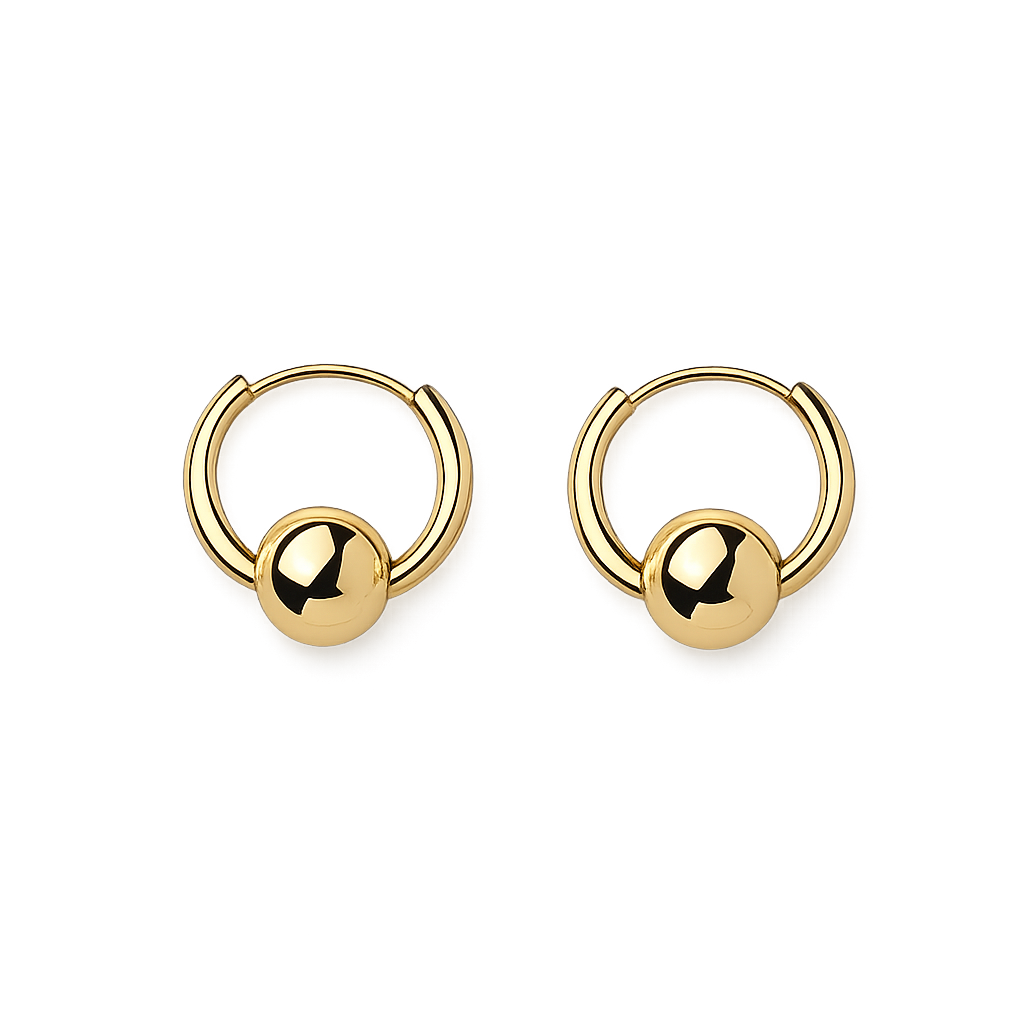 Gold hoop earrings with spherical ends on a white background