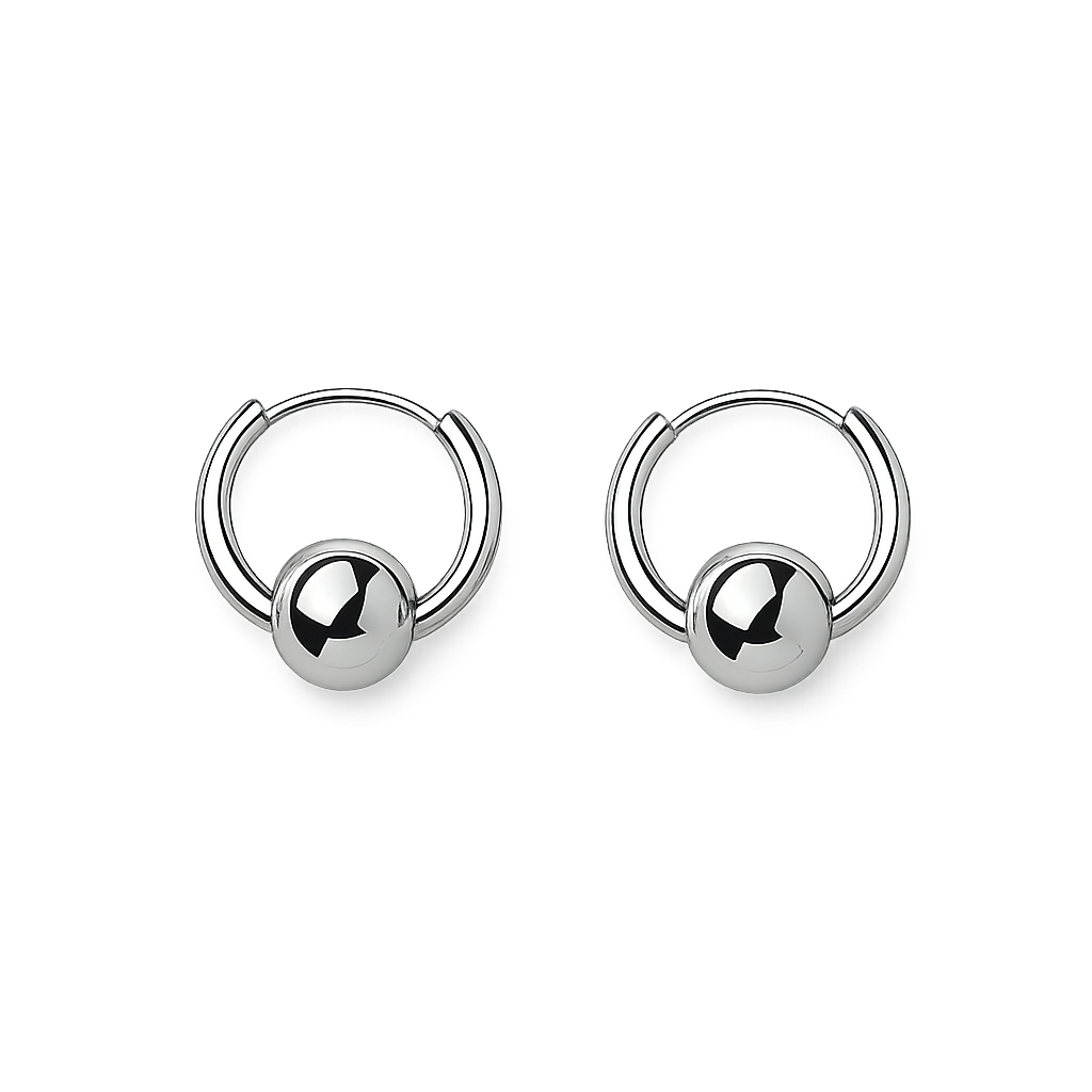 Pair of silver hoop earrings with spherical ends on a white background