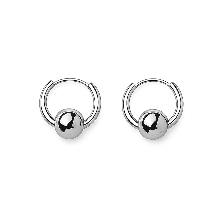 Pair of silver hoop earrings with spherical ends on a white background
