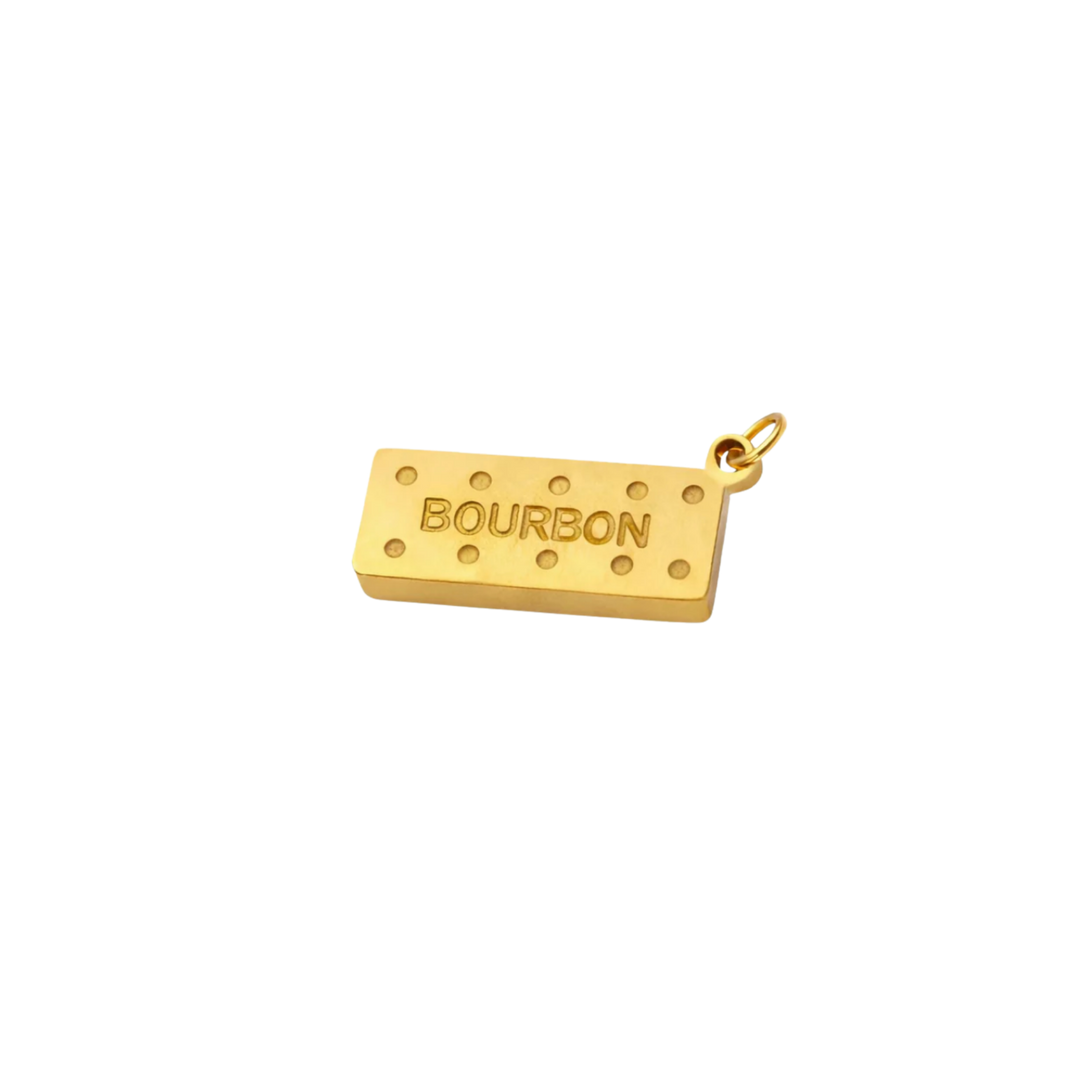 Gold pendant shaped like a bourbon biscuit on a white background