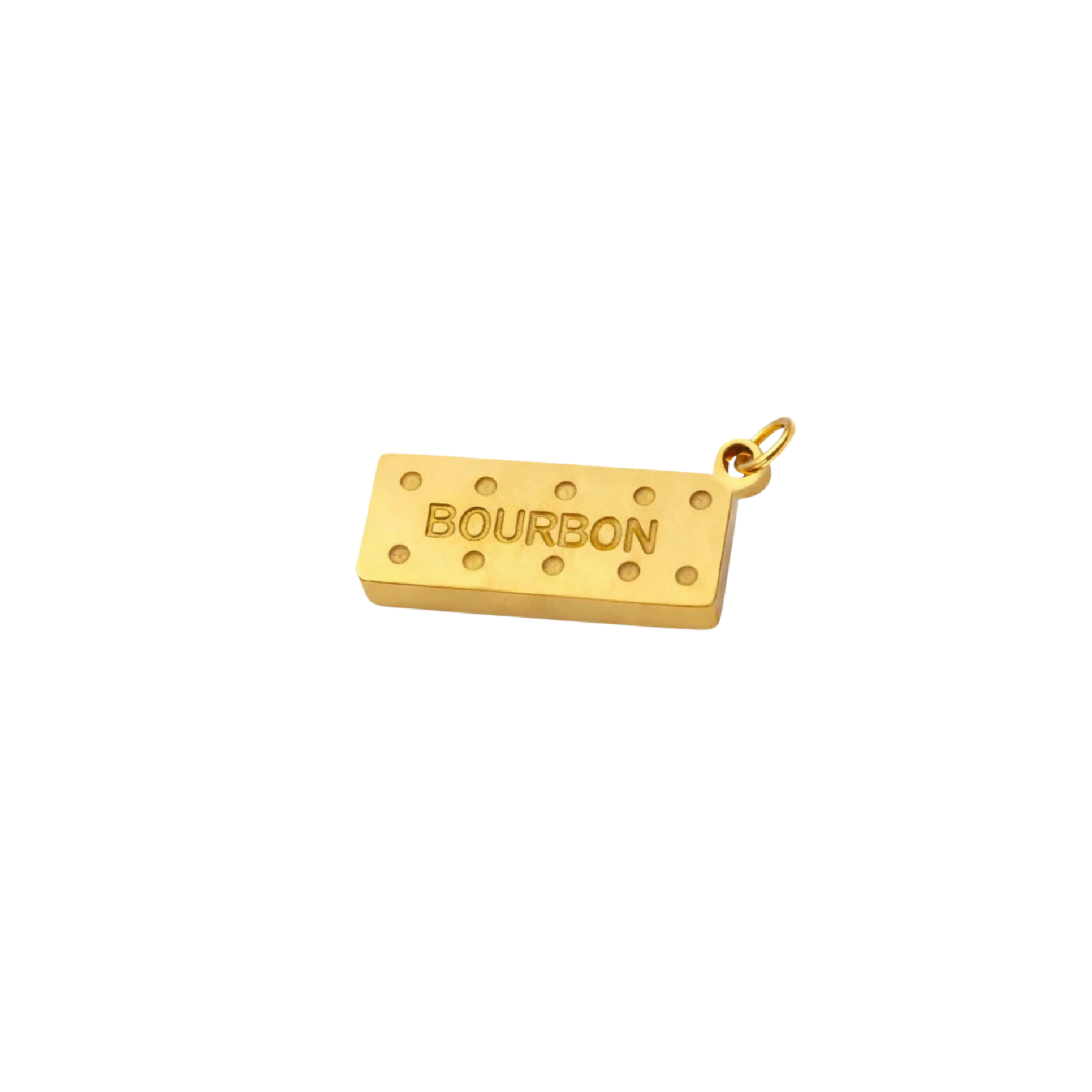 Gold pendant shaped like a bourbon biscuit on a white background