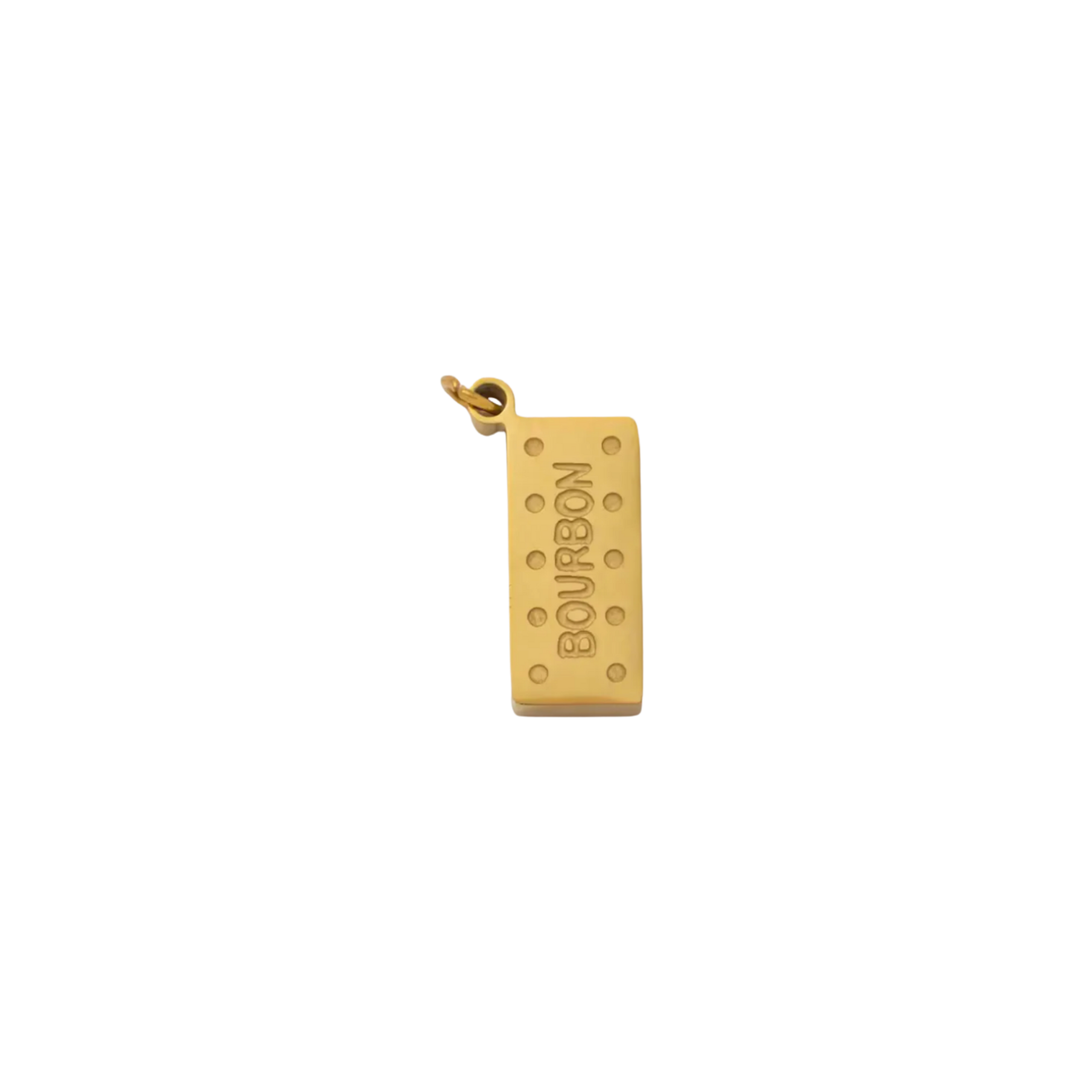 Gold rectangular pendant with 'Bourbon' text on a white background