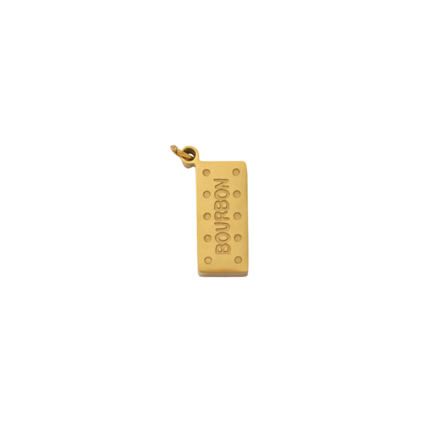 Gold rectangular pendant with 'Bourbon' text on a white background