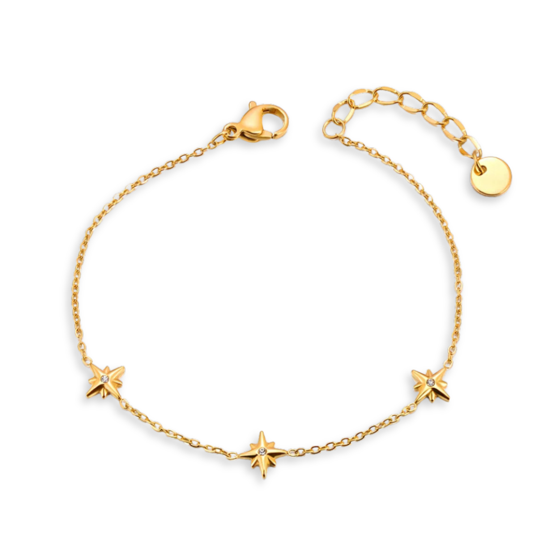 Gold bracelet with star charms on a white background