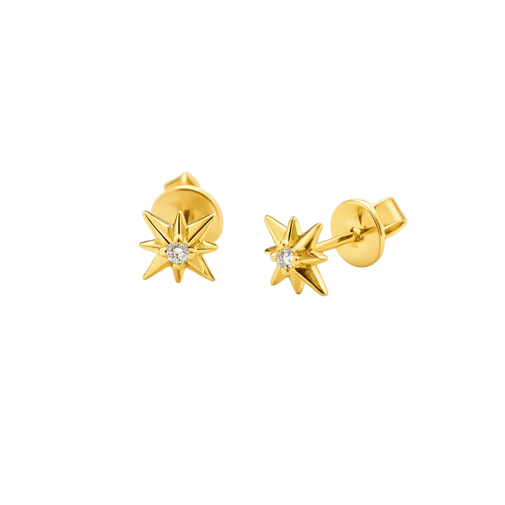 Gold star-shaped earrings with a central gemstone on a white background