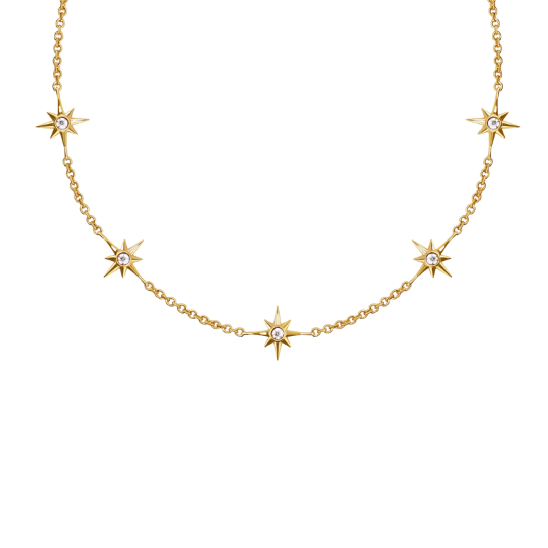 Gold necklace with star-shaped pendants on a white background