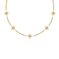 Gold necklace with star-shaped pendants on a white background