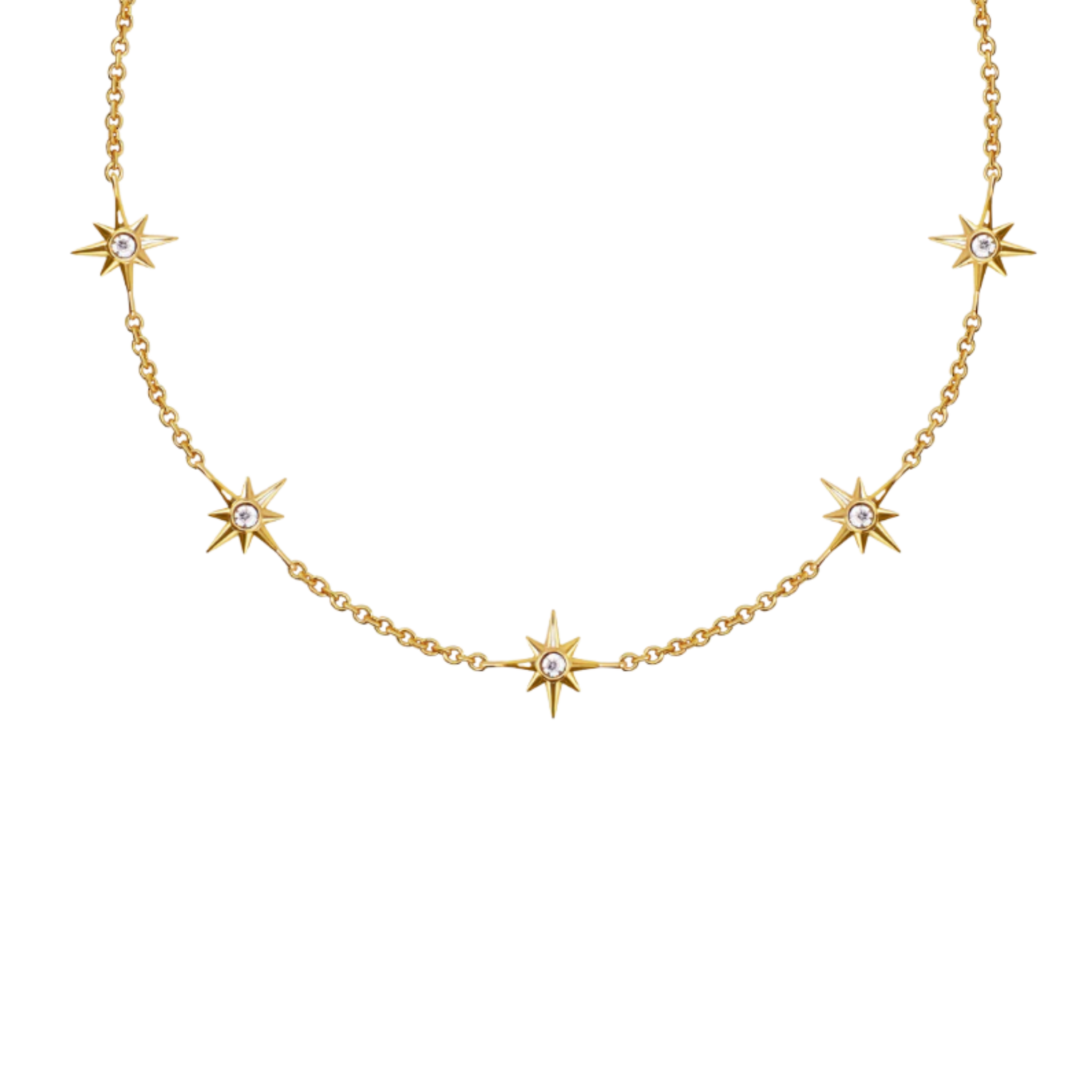 Gold necklace with star-shaped pendants on a white background