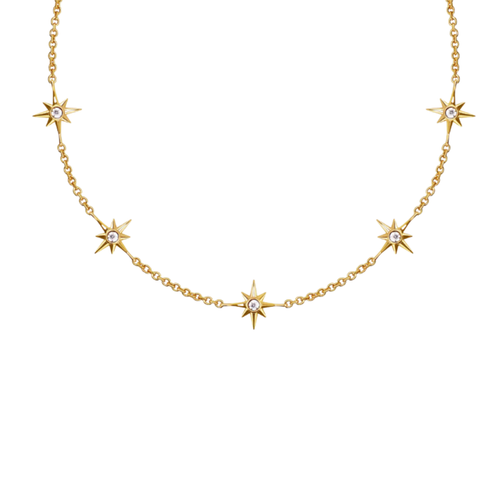 Gold necklace with star-shaped pendants on a white background