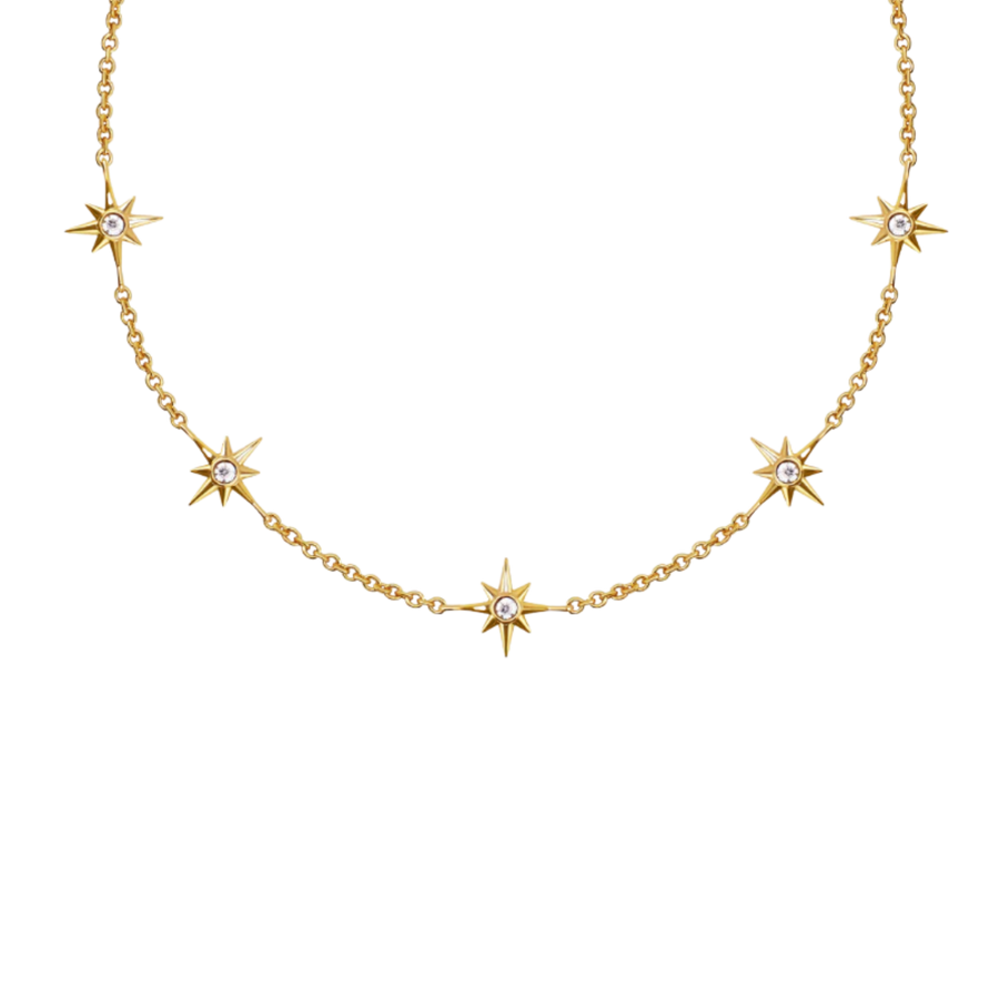 Gold necklace with star-shaped pendants on a white background
