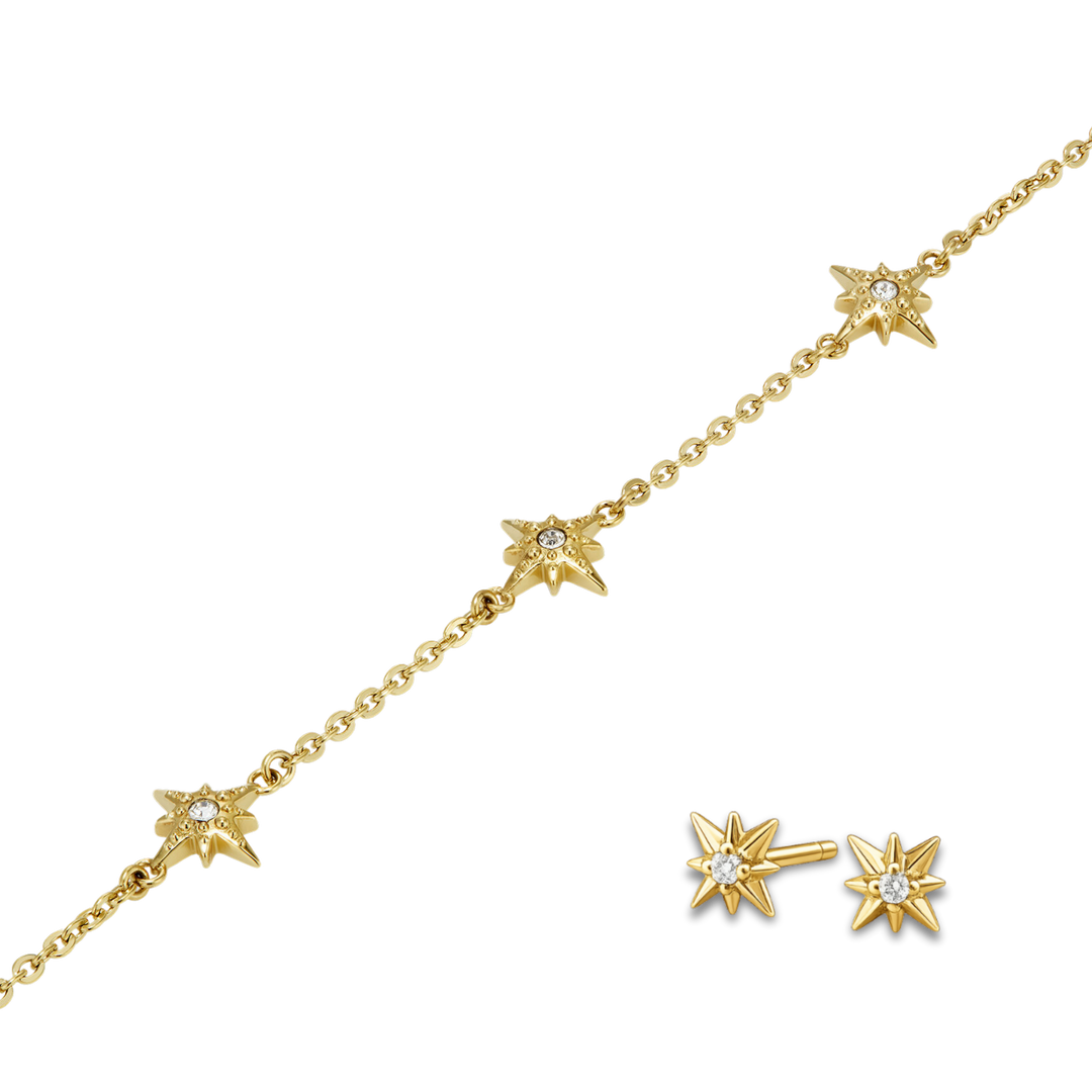 Gold star-shaped jewelry set on a white background