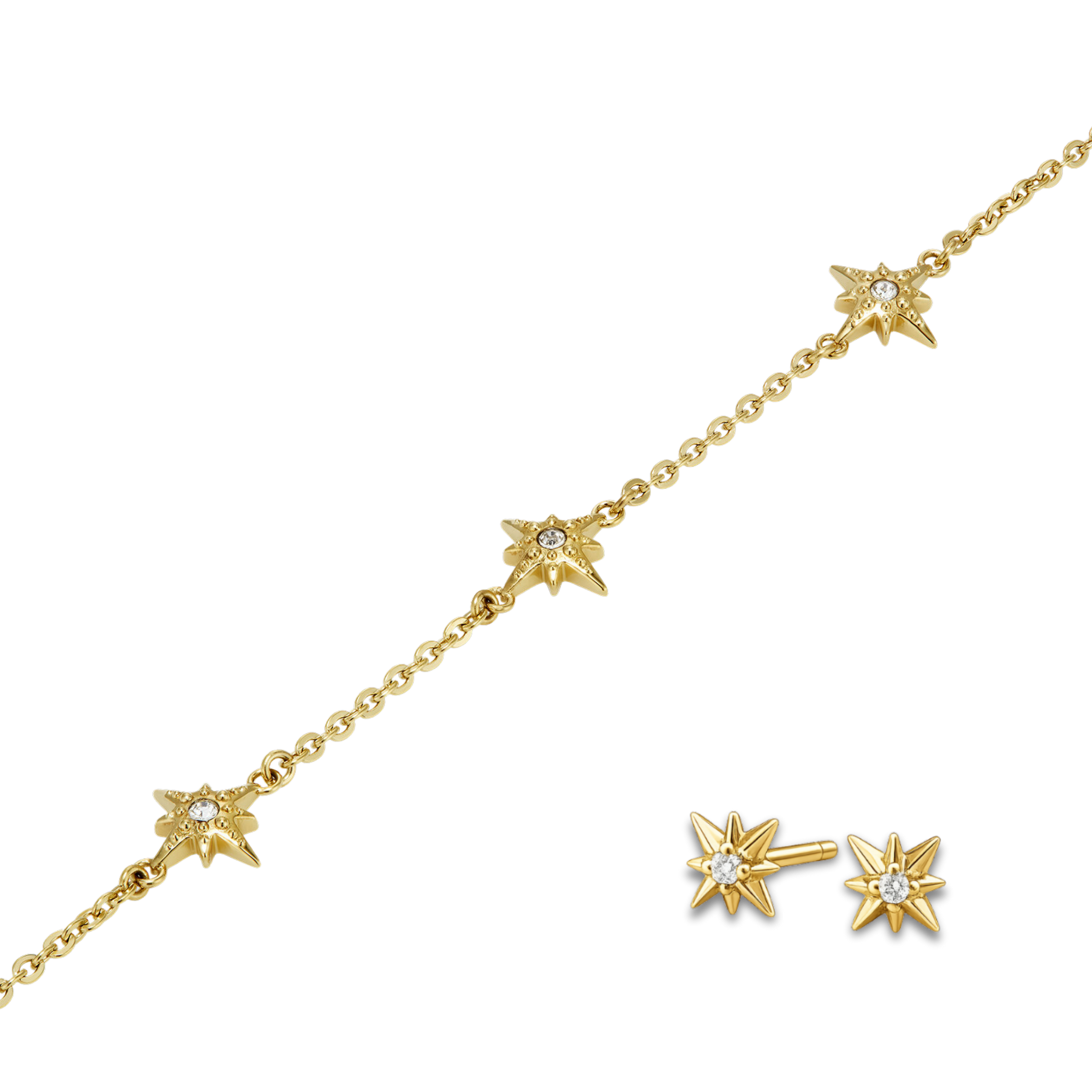 Gold star-shaped jewelry set on a white background